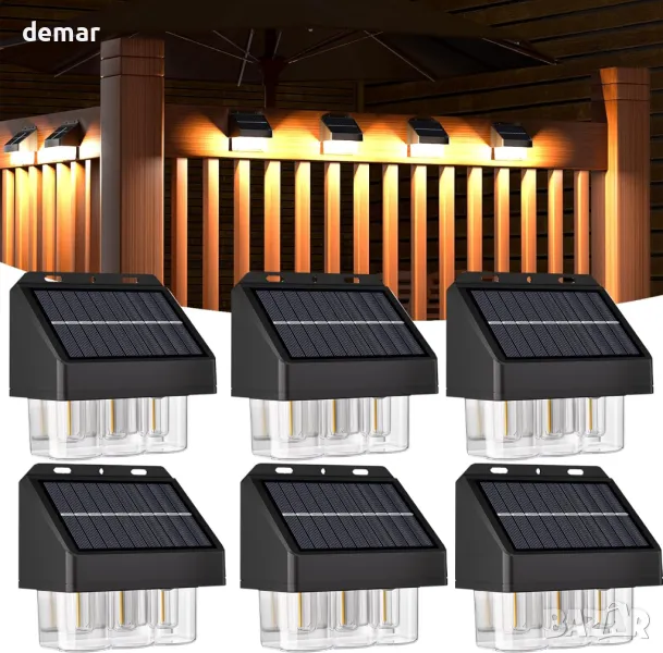 Соларни оградни лампи, външни, градински, IP67, 6 броя, топло бяло, 3 крушки, снимка 1