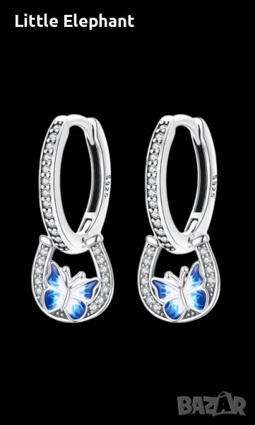 Дизайнерски модел висящи сребърни обеци Пандора,колекция"Luck"-пеперуди и подкови,blue/нови, снимка 1