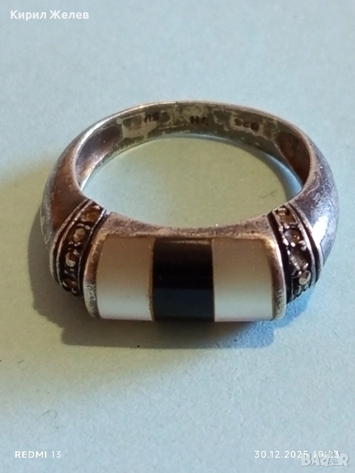 Винтидж сребърен пръстен с инкростация на ОНИКС и СЕДЕФ с марказити отстрани 52823, снимка 1