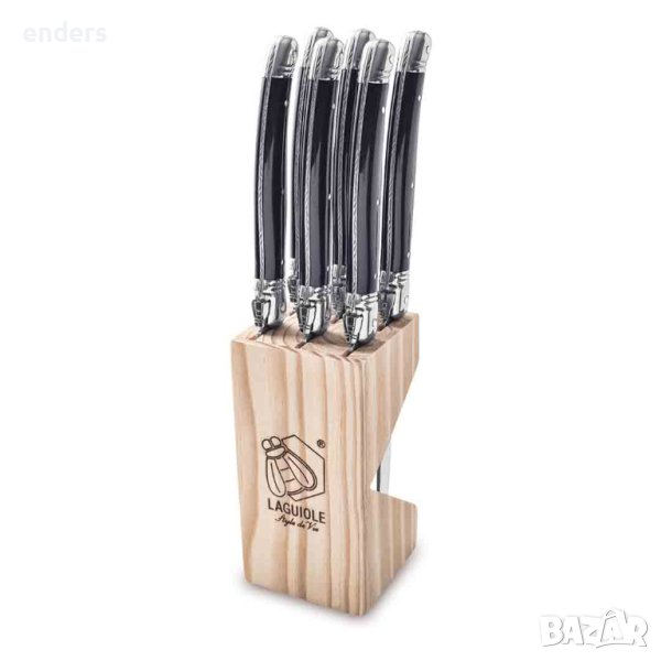 Комплект 6 ножa за стекове с дървена поставка Laguiole Style de Vie Premium Black, снимка 1