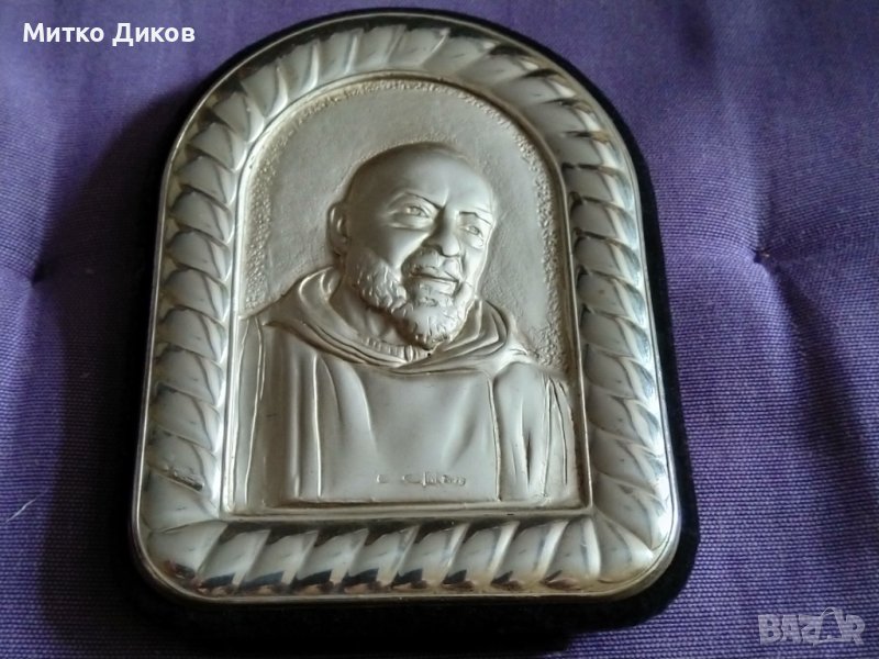 Католическа сребърна икона Свети Падре Пио 123х95х8мм, снимка 1