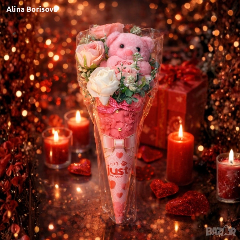 Декоративен подаръчен букет с плюшено мече и изкуствени цветя, снимка 1