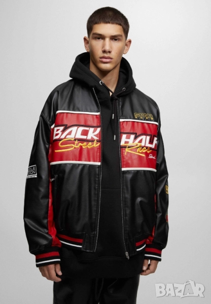 Мъжко яке от еко кожа в състезателен стил Pull&Bear Lightech, L, снимка 1