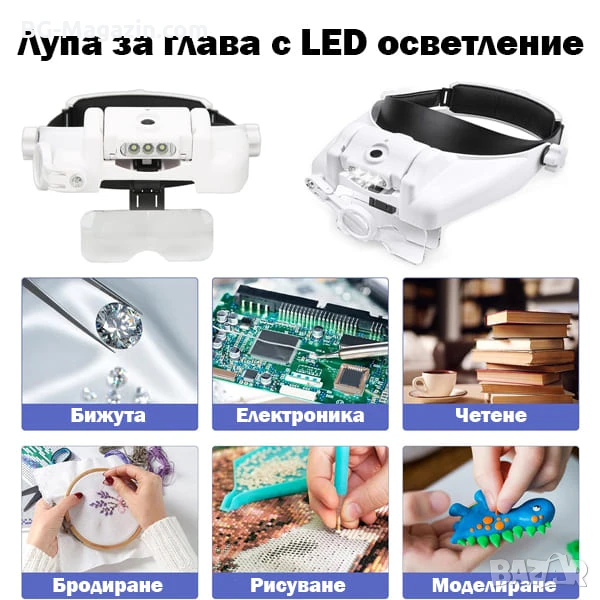 Акумулаторна професионална увеличителна лупа за глава с лед осветление очила за четене гоблени шиене, снимка 1