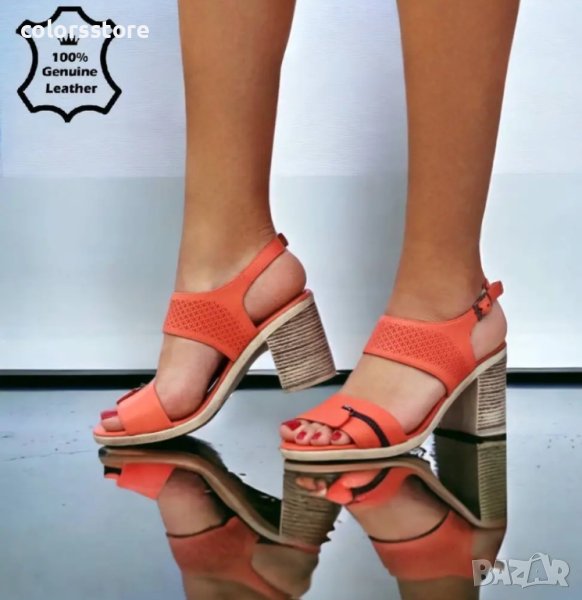 Сандали на ток - корал ЕСТЕСТВЕНА кожа - 32, снимка 1