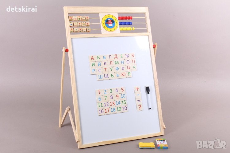 Дървена ученическа дъска с българската азбука, сметало и часовник - 2 в 1, снимка 1