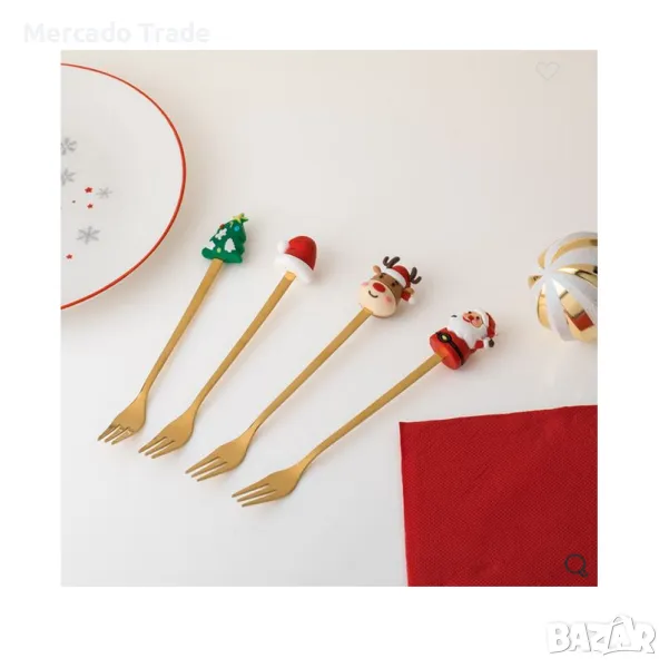 Комплект Коледни Вилици Mercado Trade, Цвят Златни Фигурки, 17см., 4бр., снимка 1