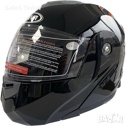 Каска за мотор с очила и визьор, черна с гланцово покритие, Модуларна , снимка 5 - Аксесоари и консумативи - 44682271