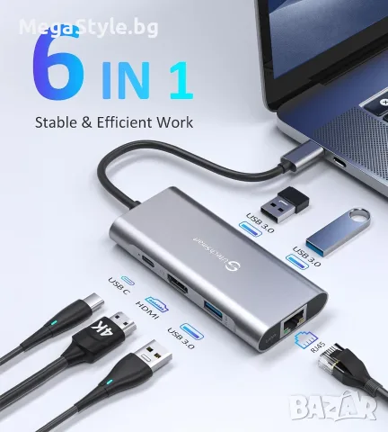 Мултифункционален Хъб UtechSmart 6-в-1 USB-C към HDMI и Ethernet, снимка 3 - Кабели и адаптери - 55741760