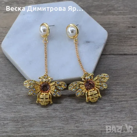 Златни обеци с висулка пчела А206, снимка 4 - Обеци - 47888069