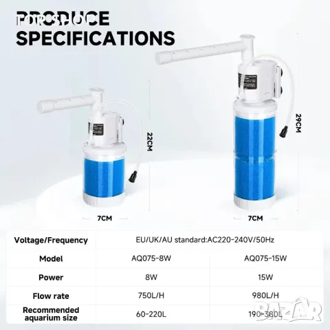 AQQA 15 W потопяема филтърна помпа за аквариум с регулируем воден поток, 190-380 л, снимка 2 - Оборудване за аквариуми - 49629156