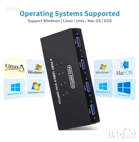 VGA KVM превключвател 4 порта, USB VGA KVM превключвател за 4 компютъра, снимка 3 - Друга електроника - 52873397