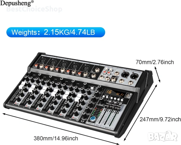 Професионален аудио миксер Depusheng, 7-канален аудио интерфейс, 16-битов DSP DJ Bluetooth миксер, снимка 10 - Аудиосистеми - 54102265