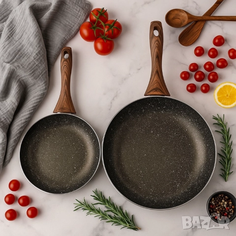 Комплект тигани 9Tnine-4419, 22/26см, Мраморно покритие, Кован алуминий, снимка 4 - Други стоки за дома - 51926195