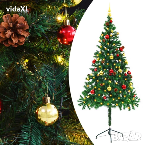 vidaXL Изкуствена готова осветена коледна елха с топки зелена 180 см(SKU:321500)