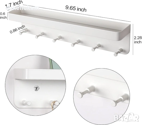 Стенна закачалка за ключове с рафт от неръждаема стомана – 6 куки, снимка 3 - Други стоки за дома - 53121229