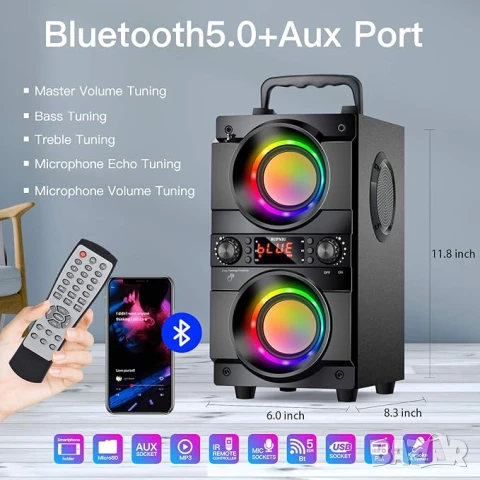 Преносим високоговорител SUPNIU с 60W мощен бас RGB осветление и Bluetooth 5.0, снимка 2 - Bluetooth тонколони - 50978358