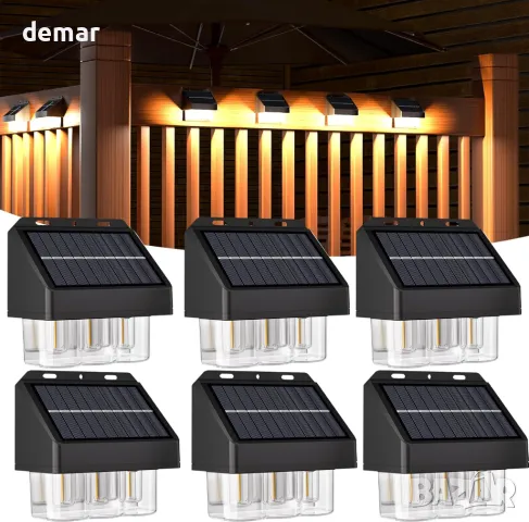 Соларни оградни лампи, външни, градински, IP67, 6 броя, топло бяло, 3 крушки