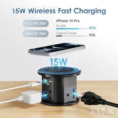 Нов Компактен разклонител за бюра и кухни с 15W безжично зареждане, снимка 2 - Друга електроника - 48302458