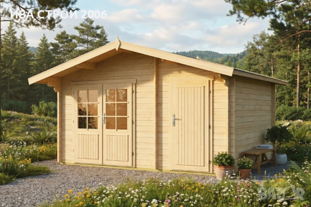 Сглобяема дървена градинска къща с две помещения.