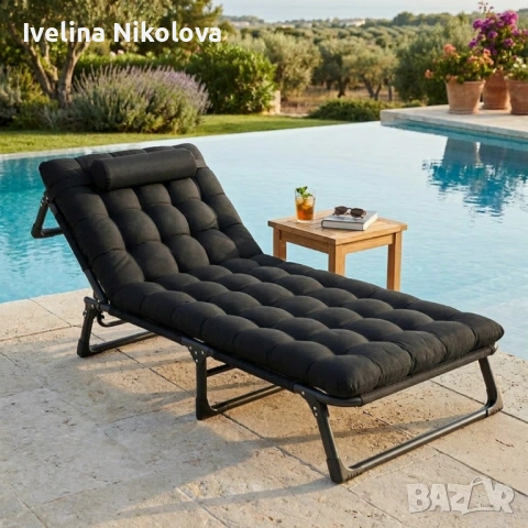 Сгъваемо къмпинг легло и градински шезлонг 2в1, с мек матрак и възглавница, Регулируем, Черен, 180x5, снимка 8 - Столове - 53934261