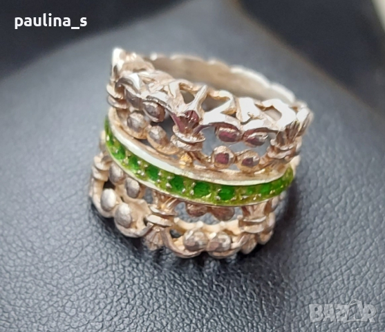 Винтидж / Стар семеен сребърен пръстен със зелен емайл / проба 925 , снимка 2 - Пръстени - 44581893