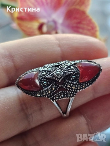 Винтидж сребърен комплект с Карнеол и марказити, снимка 6 - Колиета, медальони, синджири - 53905837