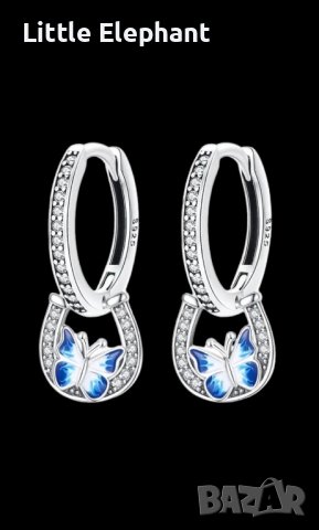 Дизайнерски модел висящи сребърни обеци Пандора,колекция"Luck"-пеперуди и подкови,blue/нови, снимка 1