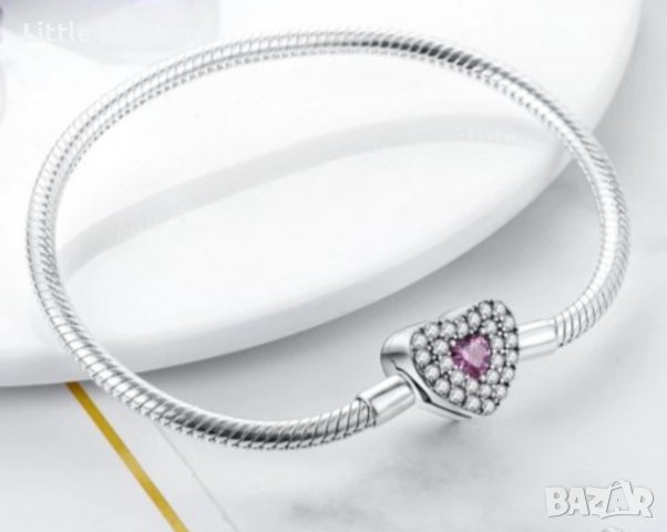 Сребърна гривна Пандора,змийска плетка,17 см,със закопчалка сърце с кристали,pink and white/нова