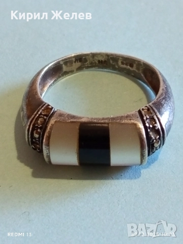 Винтидж сребърен пръстен с инкростация на ОНИКС и СЕДЕФ с марказити отстрани 52823