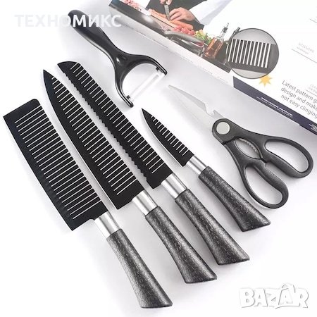 Комплект ножове 6 части HausRoland H-007,Нераждаема стомана,оребрени остриета,незалепващо покритие, снимка 3 - Прибори за хранене, готвене и сервиране - 44175700