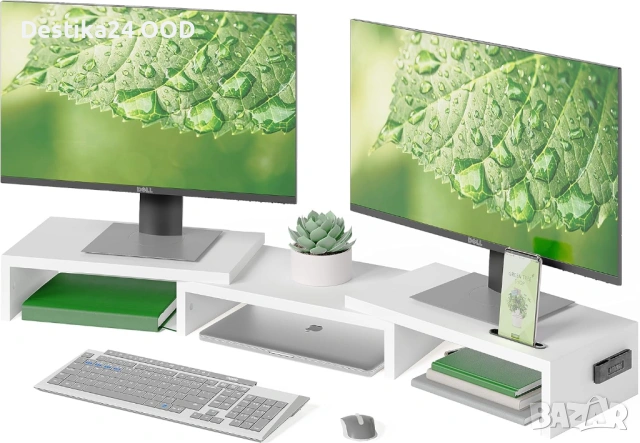 Стойка за 2 монитора BONTEC – регулируема, дървена, с място за съхранение, снимка 2 - Други - 52858921