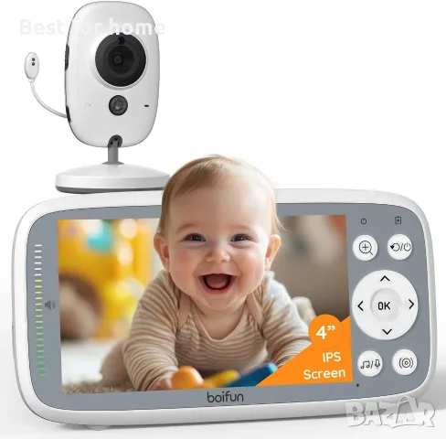 Бебешки монитор Boifun без WiFi, камера и аудио, 4" 720P IPS екран, 1 камера