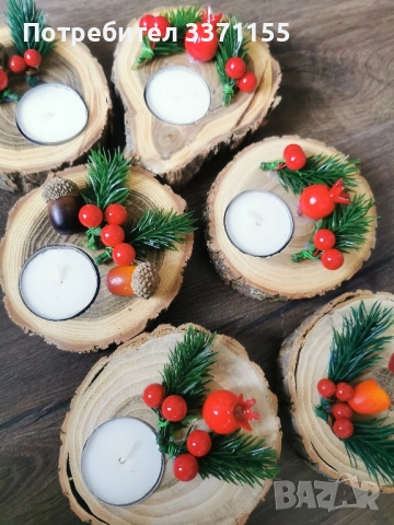 Коледни свещи с дървена подложка, снимка 6 - Декорация за дома - 52391113