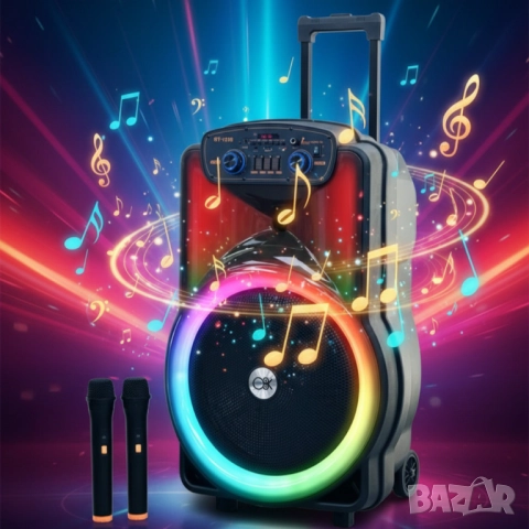 Караоке тонколона 12" BT-1218 с Bluetooth, цветомузика и 2 безжични микрофона – 2000W мощност за ист, снимка 4 - Друга електроника - 51947541
