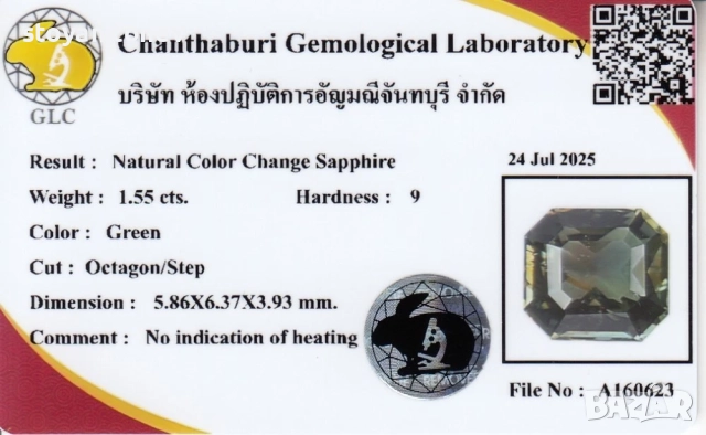 Радък ненагряван сапфир с променящ се цвят! Сертифициран! Нов!, снимка 4 - Други - 52325791
