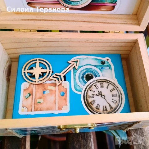 Ръчно изработена дървена кутия "Бисери в куфари" с колекция 21 вдъхновяващи карти , снимка 5 - Декорация за дома - 50609109