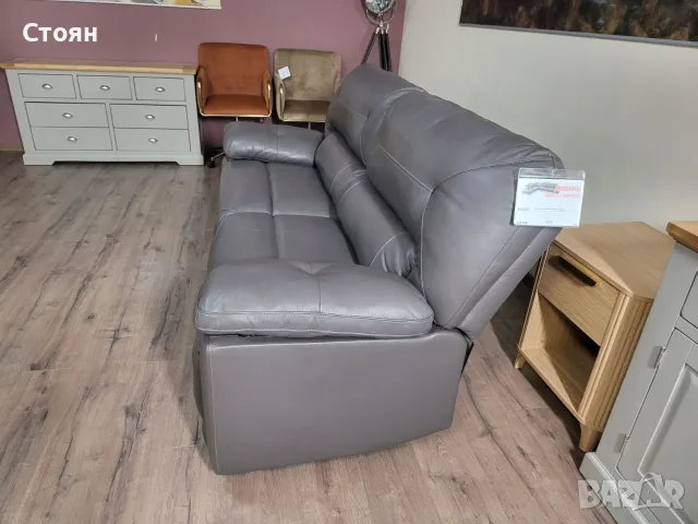 Сив кожен диван тройка, снимка 4 - Дивани и мека мебел - 56509733
