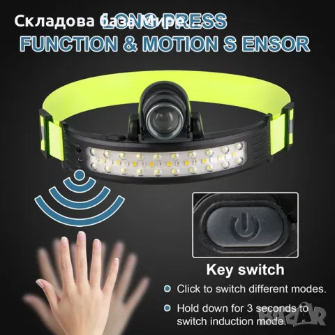 Челник със сензор за движение Акумулаторен, 10 W LED, 8 режима, 11х5х7см, обхват от 100 метра, снимка 2 - Къмпинг осветление - 48794502