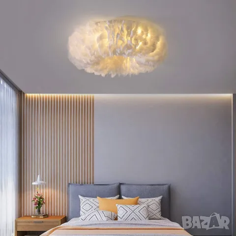 Полилей Таванна лампа Полилей с бяло перо, Модерни LED осветителни, снимка 6 - Лампи за таван - 48970731