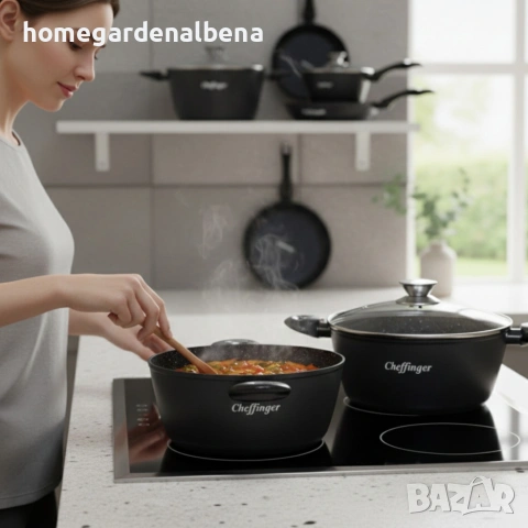 Комплект съдове за готвене Cheffinger 10 части мраморно покритие тенджери тигани, снимка 3 - Съдове за готвене - 54165498