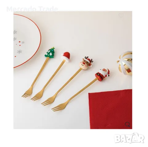 Комплект Коледни Вилици Mercado Trade, Цвят Златни Фигурки, 17см., 4бр.