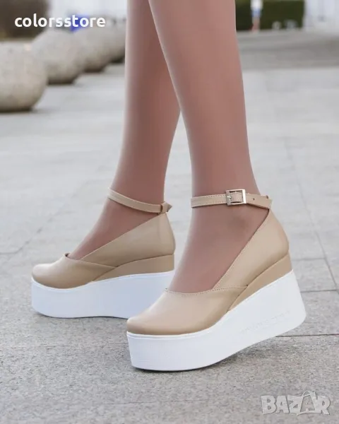 Обувки на платформа - бежова кожа с бяло ходило - 125K, снимка 1