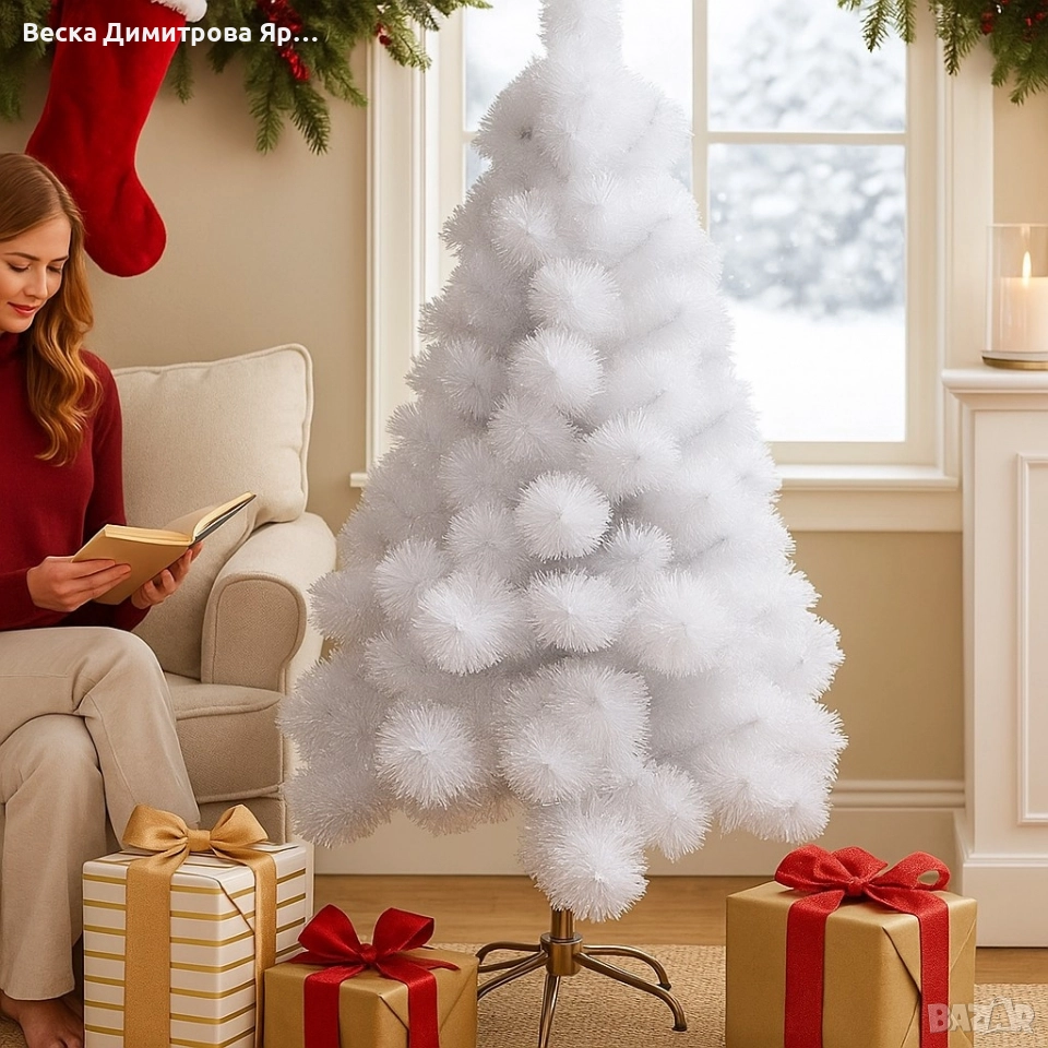 Изкуствена коледна елха в бяло – пухкав снежен ефект, снимка 1