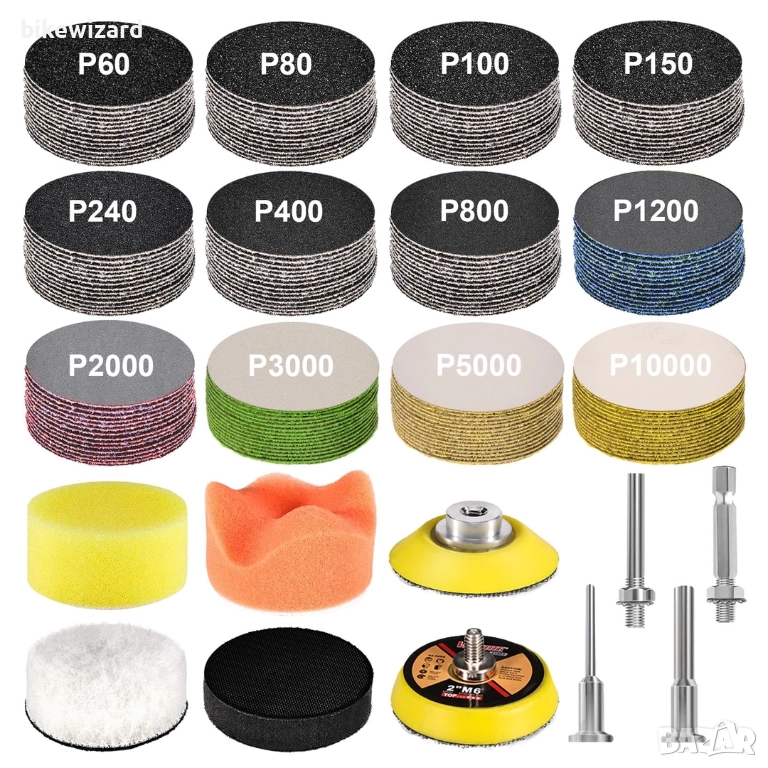 50 мм шлифовъчни дискове със залепваща се лента, 190 броя – зърненост 60-10000, снимка 1