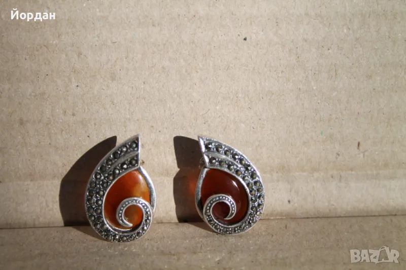 Дамски сребърни обеци с камъни маркезити и карнеол, снимка 1