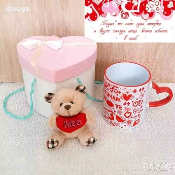 1374 Комплект керамична чаша с плюшено мече в кутия сърце, снимка 1