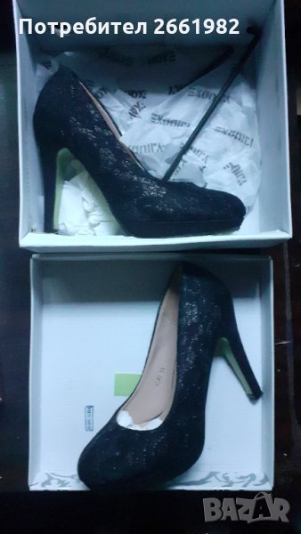 Нови черни обувки на ток с дантела, снимка 1