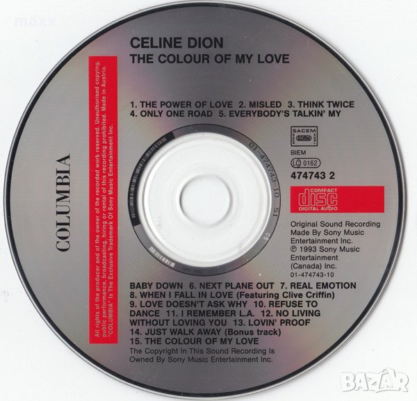 CD диск Celine Dion* ‎– The Colour Of My Love без кутия и обложка, снимка 1