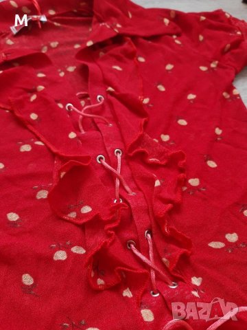 Нова колекция уникална червена риза на цветя с къс ръкав със закопчаване, тип-корсет на намаление, снимка 3 - Ризи - 29452809